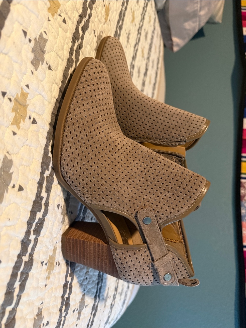 Franco Sarto Beige Perforated Suede Block Heel Booties - Women's size 8